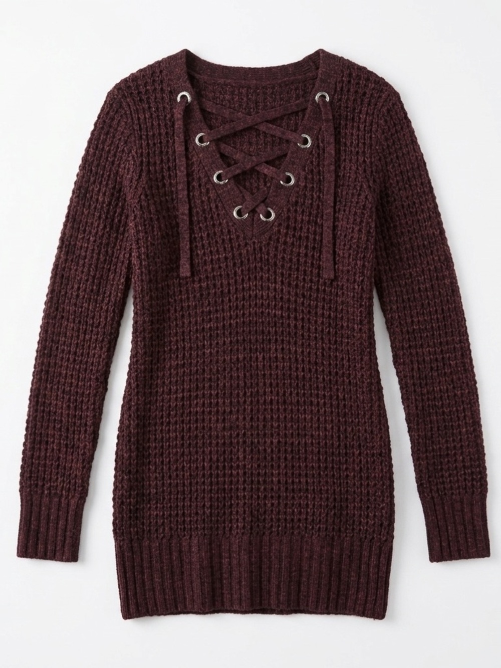 Nobo Burgundy Knit Sweater with Lace-Up Detail